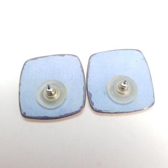 Vintage Blue Square Studs with Iridescent Finish and Gold Tone Border Earrings - Picture 3 of 6